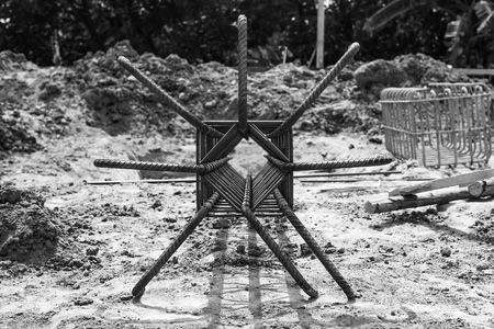Monochrome steelwork for reinforcement the concrete structure at the construction siteの写真素材