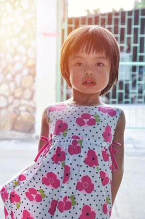 Portrait Asian little girl looking at the camera with sunlight in backgroundの写真素材