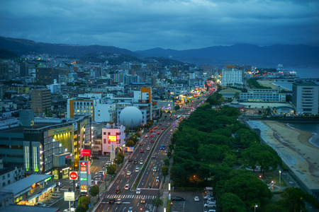 Beppu,Japan:September 3, 2016-Cityscape of Beppu city of Japan from the high tower with the motion...