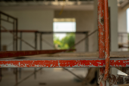 Closeup steel bars on the scaffolding for working at high level at the construction siteの写真素材