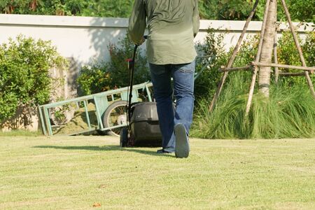 Back portrait gardener pushing the mowing cart on the grass fieldの写真素材