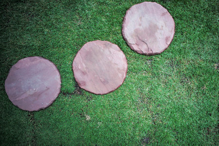 Top view group of sand stone in round shape place on the grass field for walking at the outdoor gardenの写真素材