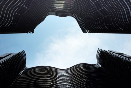 High angle view top of modern building with blue sky backgroundの写真素材