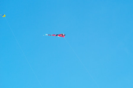 The flying kite in the air isolated on the blue sky backgroundの写真素材