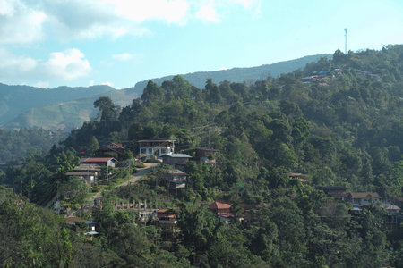 The urban village on the mountain  blue sky backgroundの写真素材