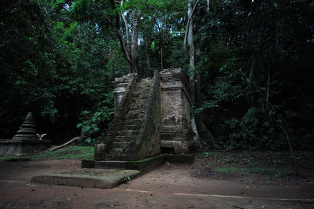 The weathered religion structure of bricklayers  located in the forest surrounded by the treesの写真素材
