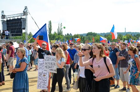 Prague, Czech Republic - June 23 2019: Crowd of people protests against Prime Minister Babis and Minister of Justice on Letna, Letenska plan. Demonstration calling for resignation. Democracy, protest.のeditorial素材