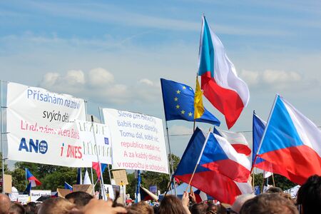 Prague, Czech Republic - June 23 2019: Flags and banners against Prime Minister Babis and Minister of Justice on Letna, Letenska plan. Demonstration calling for resignation. Protest, democracy.のeditorial素材