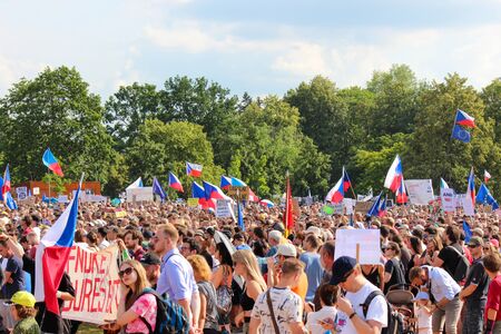 Prague, Czech Republic - June 23 2019: Crowd of people protests against Prime Minister Babis and...