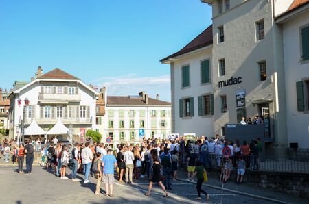 Lausanne, Switzerland - July 9th 2019: Festival de la Cite in streets of Swiss city. Traditional cultural event with concerts, theatre, dance, visual arts or circus. Up to 100,000 visitors in 6 days.のeditorial素材