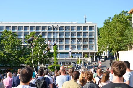 Lausanne, Switzerland - July 9th 2019: Festival de la Cite in streets of Swiss city. Traditional cultural event with concerts, theatre, dance, visual arts or circus. Up to 100,000 visitors in 6 days.のeditorial素材