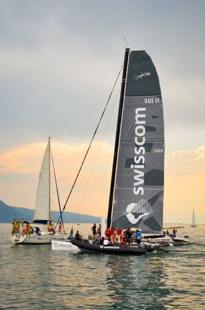 Vevey, Switzerland - July 26 2019: People on sailboats celebrate Fete des Vignerons 2019. Traditional festival pays homage to viticultural traditions in Lavaux wine region. Organized once in 20-25 years, since 18th century. It was honoured as the first liのeditorial素材
