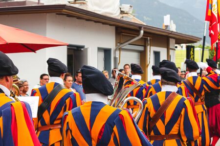 Vevey, Switzerland - Aug 1 2019: Traditional parade on Swiss National Day. National holiday of...