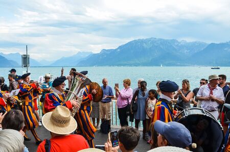Vevey, Switzerland - Aug 1 2019: Traditional parade on Swiss National Day. National holiday of Switzerland, set on 1st August. Celebration of the founding of the Swiss Confederacy. Independence day.のeditorial素材