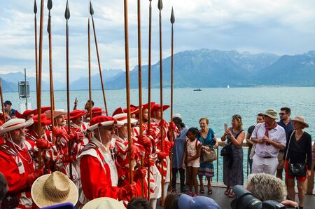 Vevey, Switzerland - Aug 1 2019: Traditional parade on Swiss National Day. National holiday of Switzerland, set on 1st August. Celebration of the founding of the Swiss Confederacy. Independence day.のeditorial素材