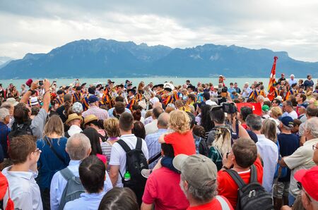 Vevey, Switzerland - Aug 1 2019: Traditional parade on Swiss National Day. National holiday of Switzerland, set on 1st August. Celebration of the founding of the Swiss Confederacy. Independence day.のeditorial素材