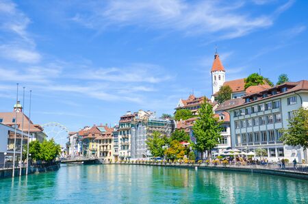 Thun, Switzerland - August 8 2019: Beautiful cityscape of historical city Thun. Located by Bern, not...