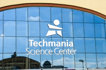 Plzen, Czechia - Oct 28, 2019: Sign and logo of Techmania Science Center on the main entrance windows of the building in Pilsen, Czech Republic. Exhibitions educating kids in sciences by games.のeditorial素材