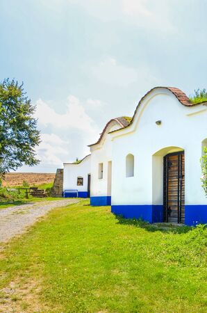 Typical outdoor wine cellars in Moravia, Czech Republic on a vertical photo. Moravia winemaking region. Traditional rural buildings. Tourist attraction. Viticulture in Czechia.の写真素材