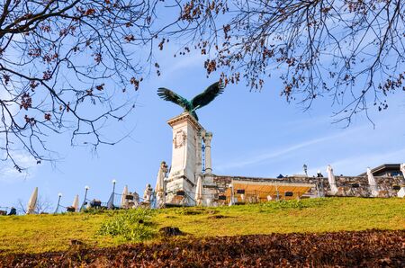 Budapest, Hungary - Nov 6, 2019: Statue of the Turul bird on the Royal Castle. Mythological bird of...