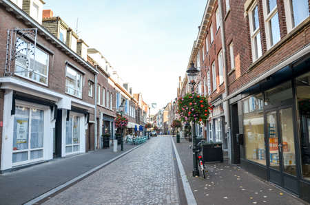 Venlo, Limburg, Netherlands - October 13, 2018: Empty street with no people in the historical center of the Dutch city. Closed shops, restaurants, and cafes.のeditorial素材