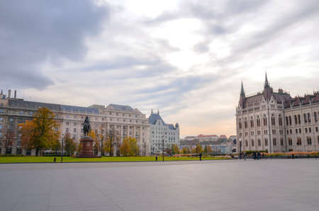 Budapest, Hungary - Nov 6, 2019: Empty Kossuth square with the building of Hungarian Parliament...