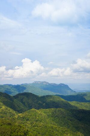Beautiful mountain landscape. Forest and a cloudy skyの写真素材