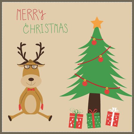 Hipster Reindeer with Chistmas tree and the gift boxes merry christmas vector. のイラスト素材
