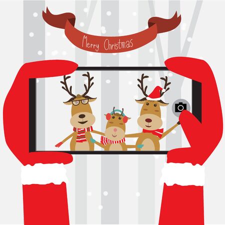 Santa Clause take the mobile photo to Reindeer family vector illustration EPS10.のイラスト素材
