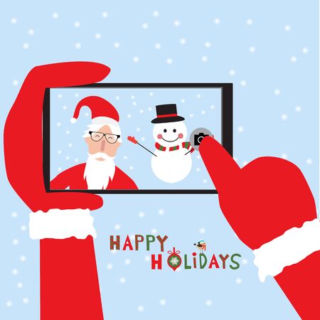 Hipster santa claus  selfie with snowman by smartphone for merry christmasのイラスト素材