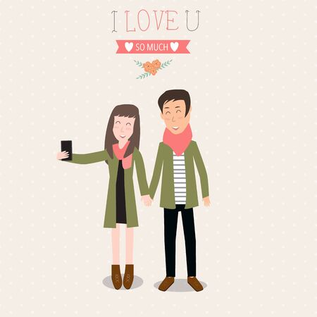 Happy Valentines day .Romantic selfie couple Romantic Self Portrait.illustration EPS10.のイラスト素材