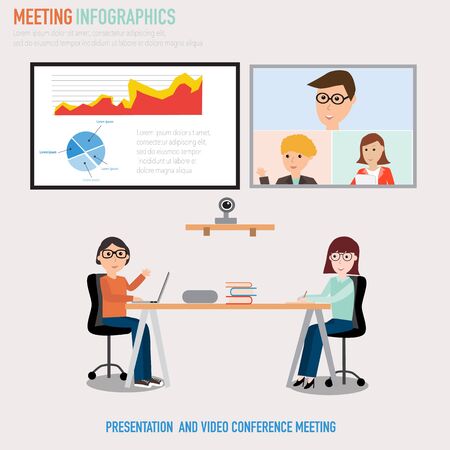 People working in the co-working space meeting with presentation and video conference infographics elements.illustrator EPS10.のイラスト素材