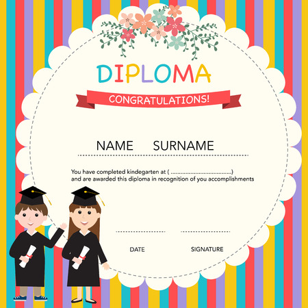 Certificate of kids diploma, preschool, kindergarten template backgroundのイラスト素材