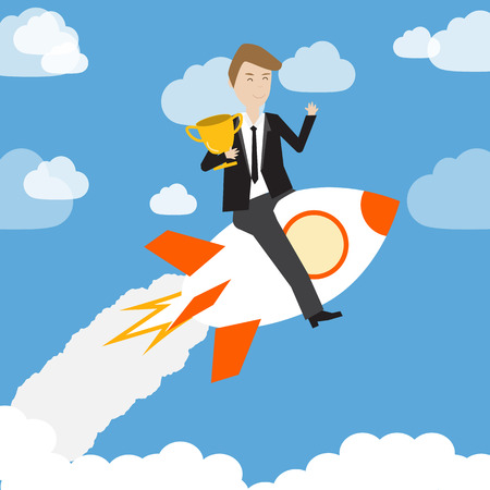 Business man holding the trophy and riding the rocket for success.のイラスト素材