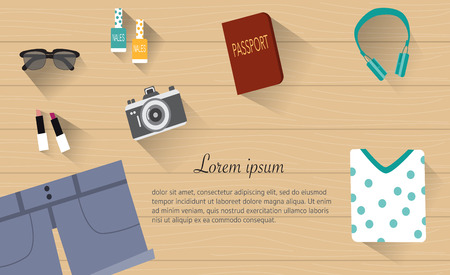 Female travel with  sunglasses  ,lip stick, nail polish,headphone,camera,short jeans and blouse passport for travel plan banner flat lay vector. illustrationのイラスト素材