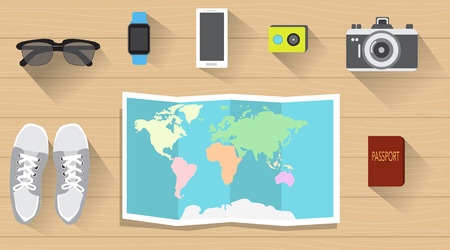 World map with sunglasses  smart phone watch ,sneaker,action camera,passport for travel plan banner flat lay vector. illustrationのイラスト素材