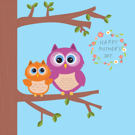 Happy mother's day with beautiful owl hug their kids or baby on the treeのイラスト素材