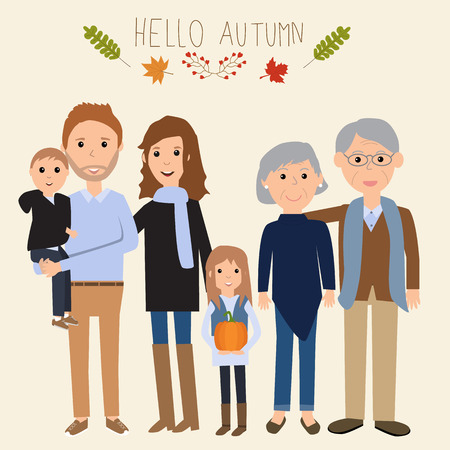 Family father,mother,son,daughter,grandmom,grandpa with hello autumn background vector.illustration EPS 10.のイラスト素材