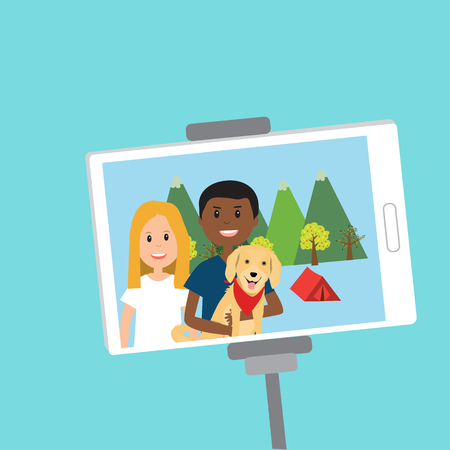 People in Generation Z selfie for camping with the dog .illustration EPS 10.のイラスト素材