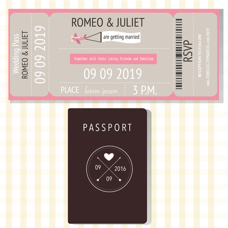 Passport  and broading pass design wedding invitation cards .Ilustration EPS 10.のイラスト素材