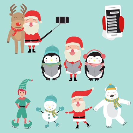 Santa Clause activities with penguins polar bear and reindeer for winter holidays vector. illustration eps10.のイラスト素材