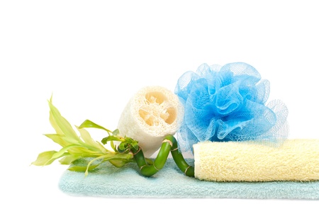 loofah, bamboo and towelsの写真素材