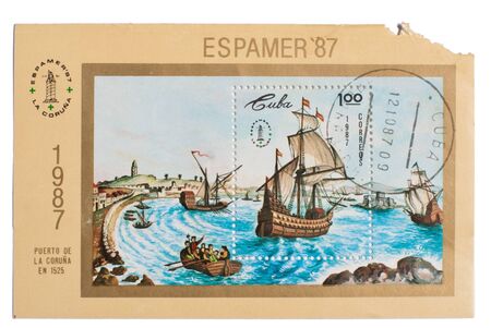 CUBA - CIRCA 1987: A stamp printed in the Cuba showing   image wind-driven ships, circa 1987