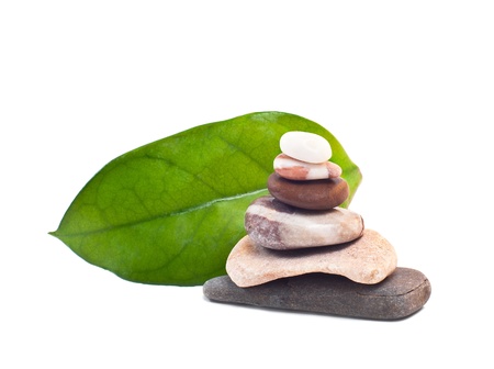 green leaves and pyramid with stonesの写真素材