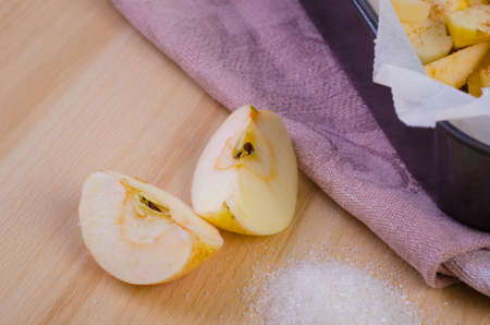 baked pudding on wood boardの写真素材