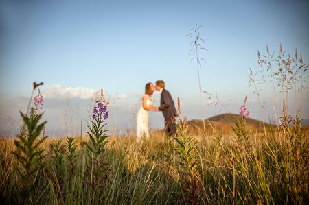 Bride and groom kissing in a mountains, focus on  plants  and flowers in the foregroundの写真素材