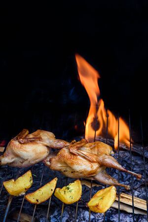 Grilling delicious poultry quails in a restaurant on barbecue. Partridge, quail and potato prepared on the grill on sunny day. Culinary concept with delicious food.の写真素材