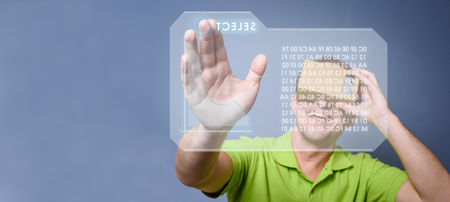 Concept of virtual reality carton glasses and interfaces. man enjoying vr glasses.