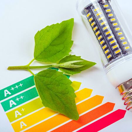 Energy efficiency concept with energy rating chart and LED lamp