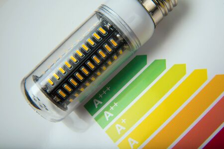 Energy efficiency concept with energy rating chart and LED lamp on white backgroundの写真素材